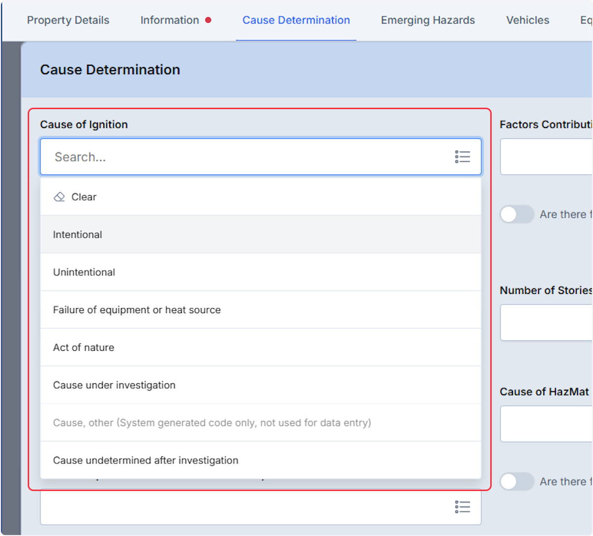 From the Cause Determination you are able to document the Cause of Ignition by using the dropdown or list view.