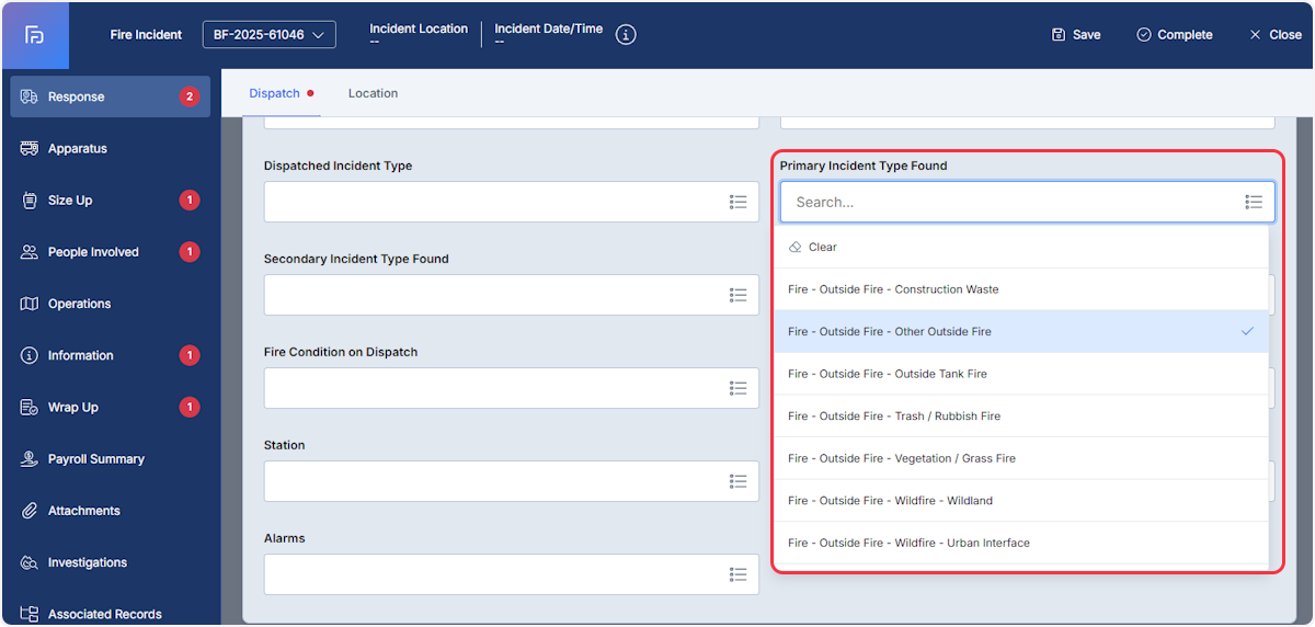 The Primary Incident Type Found within the Dispatch tab of the Response section needs to be documented within the Fire categories.