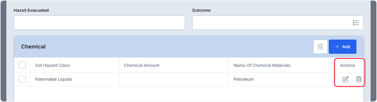 Once chemicals have been added you are able to edit or remove them within the Actions column.