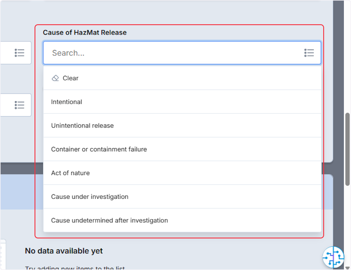 When documenting a HazMat Cause Determination use the dropdown or list view to select the Cause of HazMat Release.