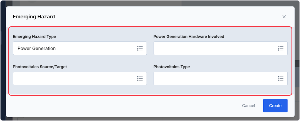 If the Emerging Hazard is Power Generation complete any pertinent information then select create.