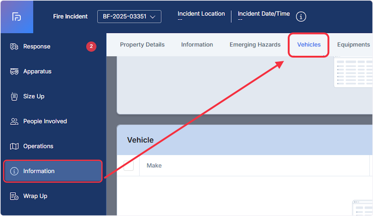 Within a fire report navigate to the Information section and select on Vehicles tab.