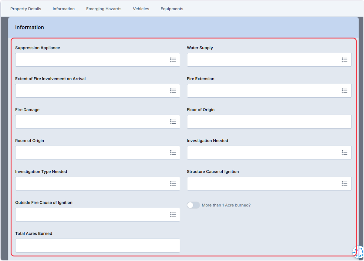 The Information subsection is a dynamic area and fields will reflect choices made from the Primary Incident Type found within the Response section.