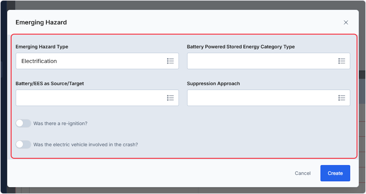 If the Emerging Hazard is Electrification complete any pertinent information then select create.