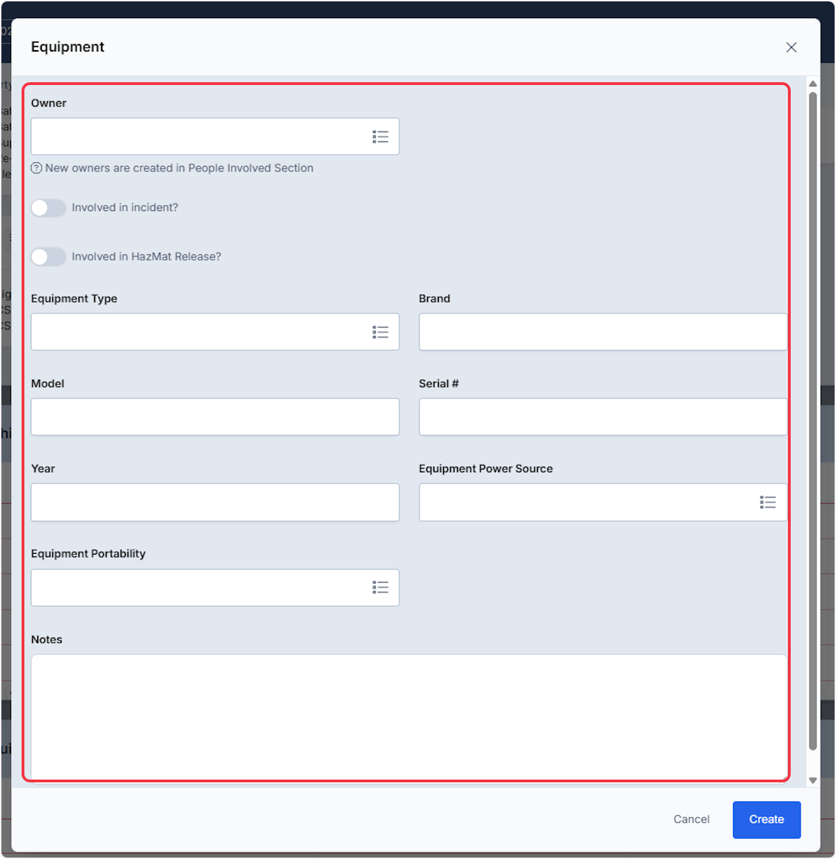 When adding Equipment enter the information and select Create.