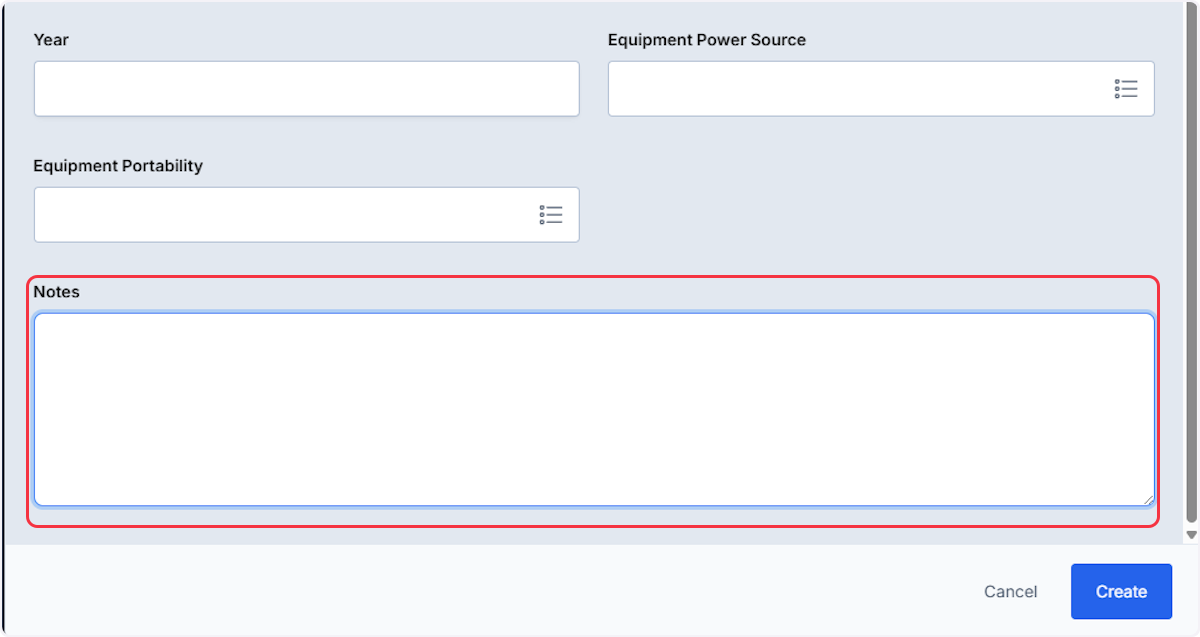 Add any additional Notes about the Equipment using the text field.