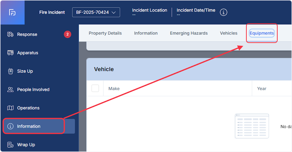 Within a fire report navigate to the Information section and select the Equipment tab.