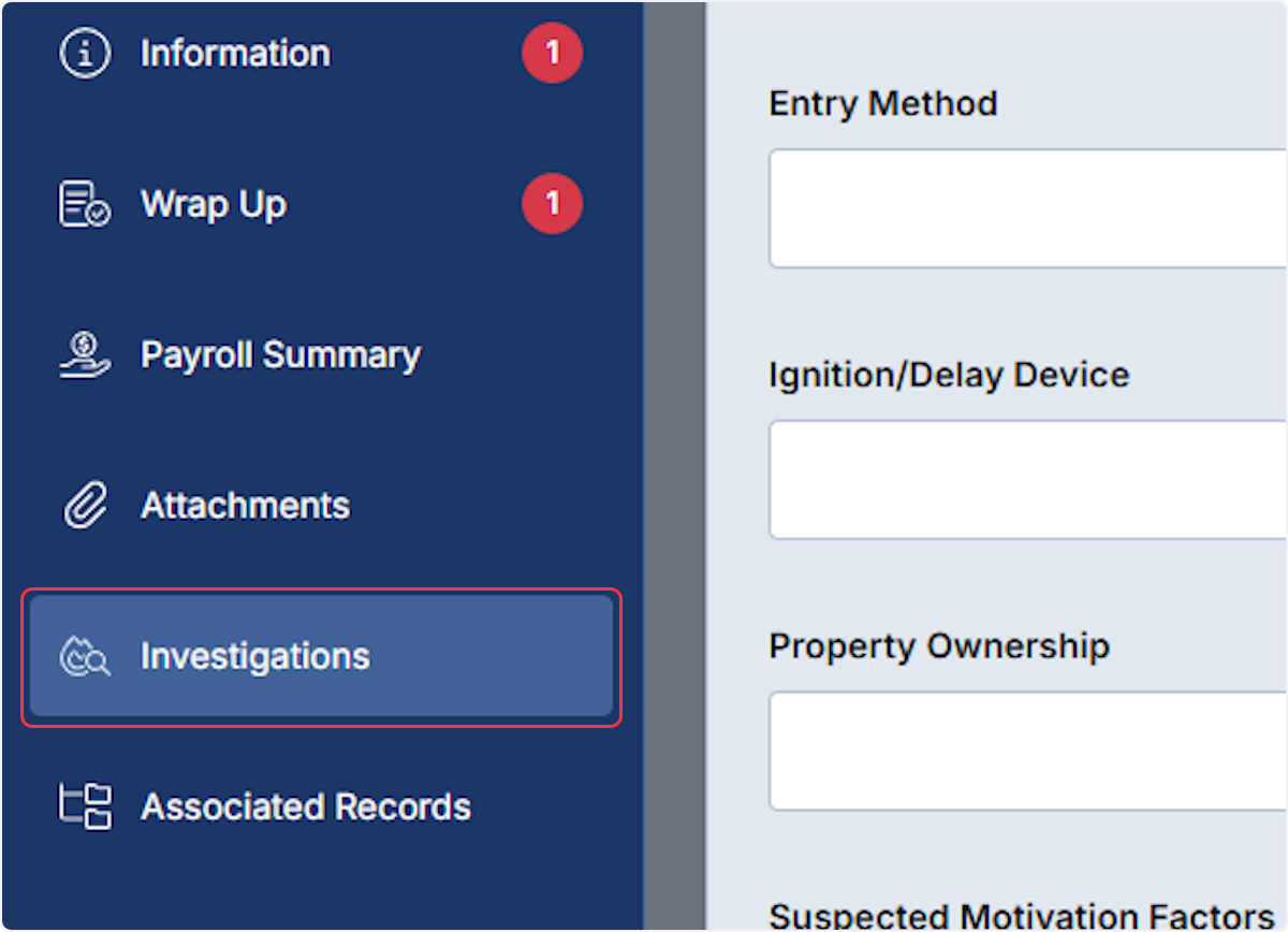 Select on the Investigations section to begin documentation.