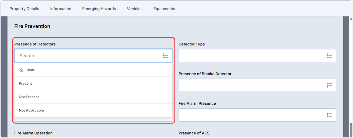 Again you are able to document pertinent Fire Prevention information using either the dropdown or list view.