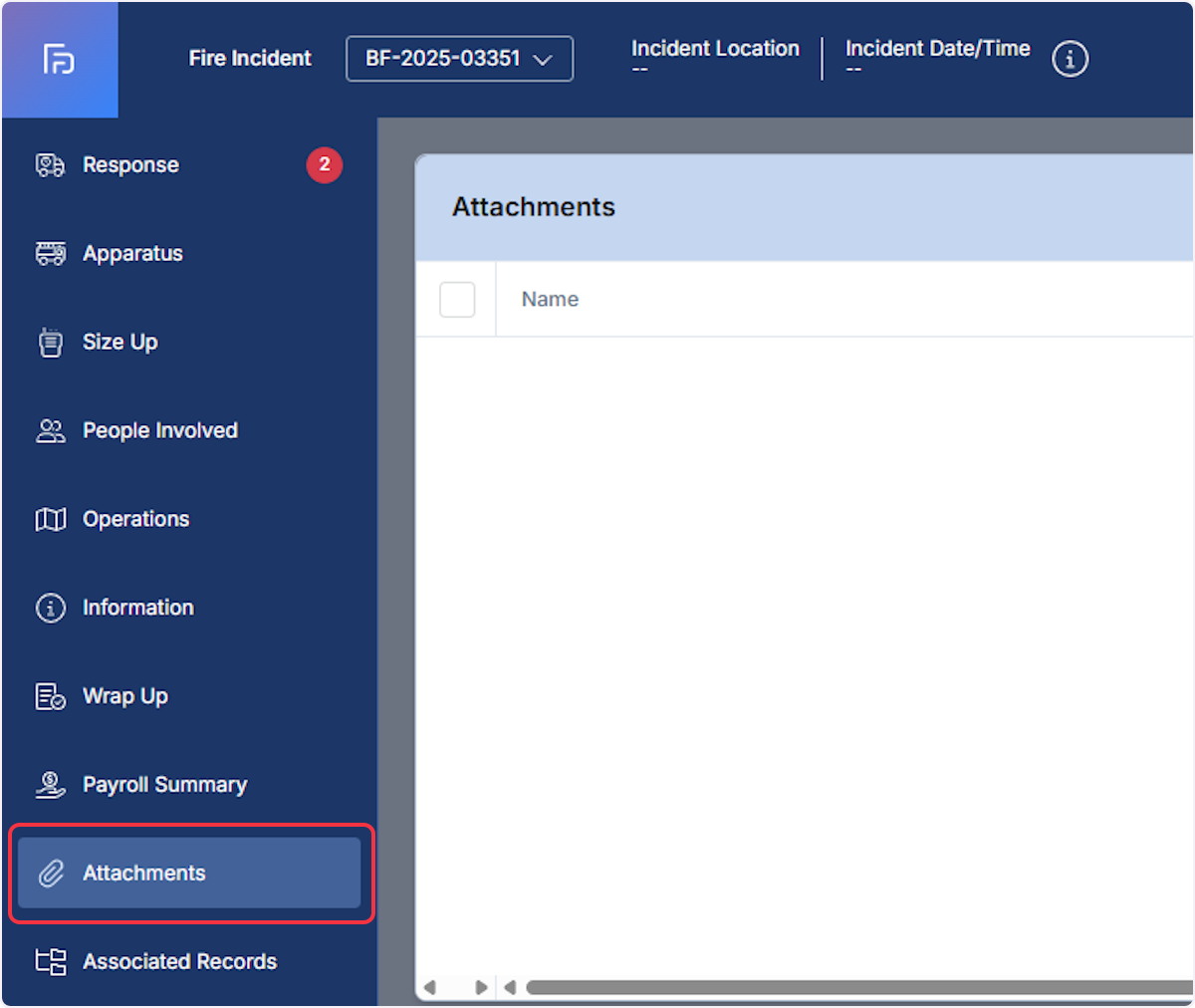 Within a fire incident report navigate to the Attachments section.