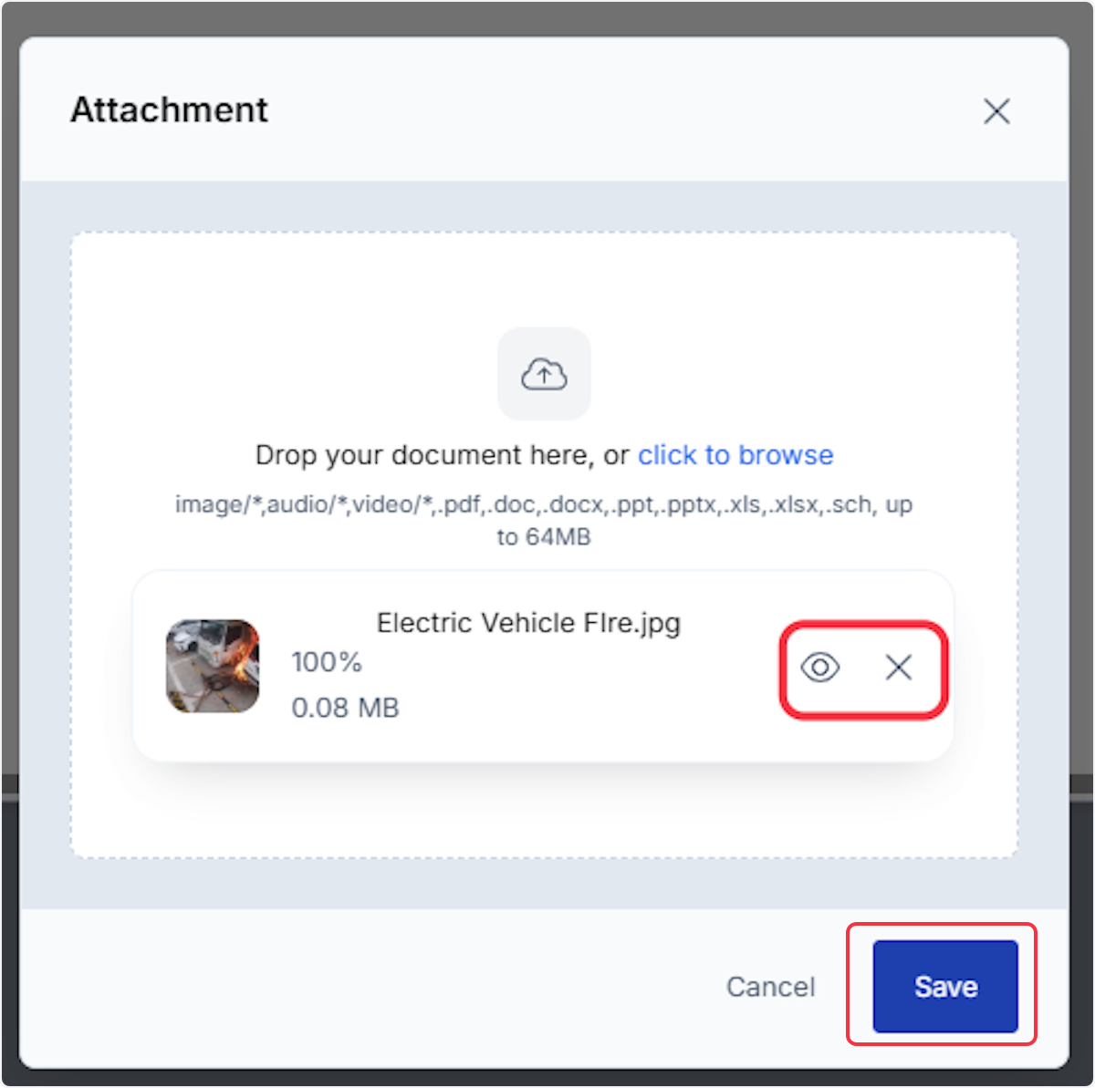 Once a document has been uploaded you are able to view, remove, add additional, or if satisfied select Save. 