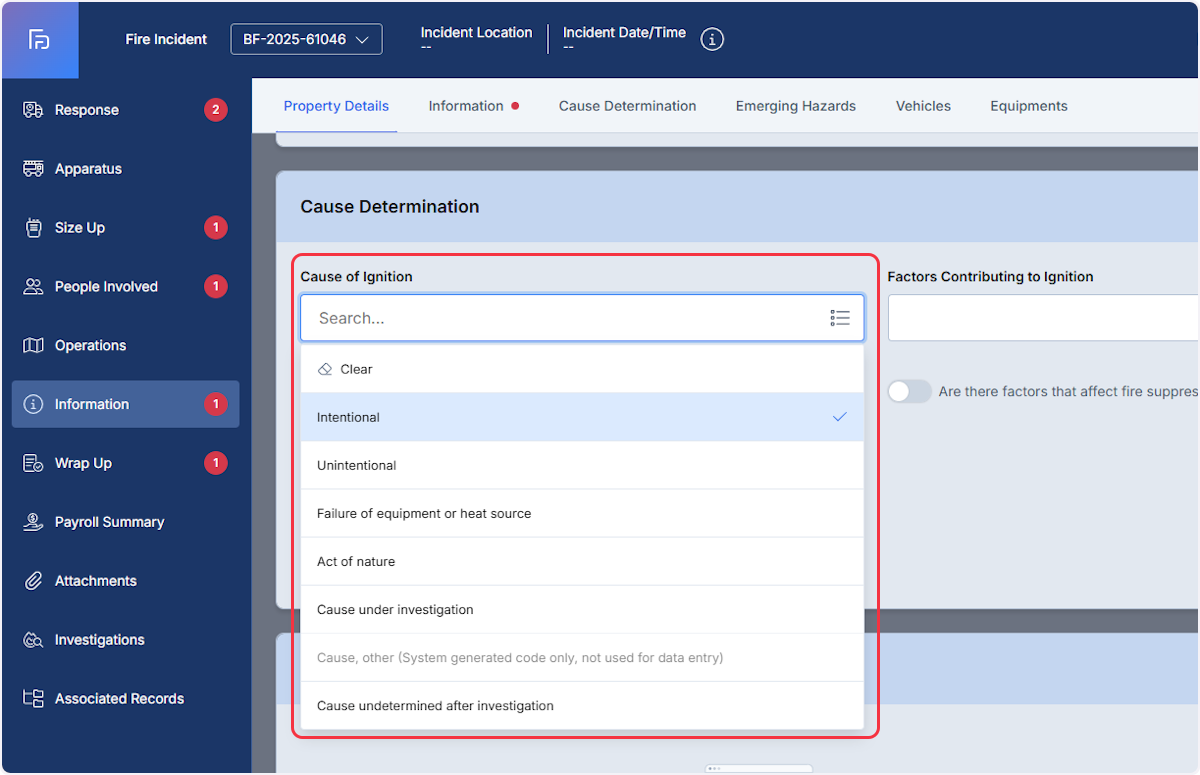 Within the Cause Determination tab found in the Information section the Cause of Ignition needs to be selected.