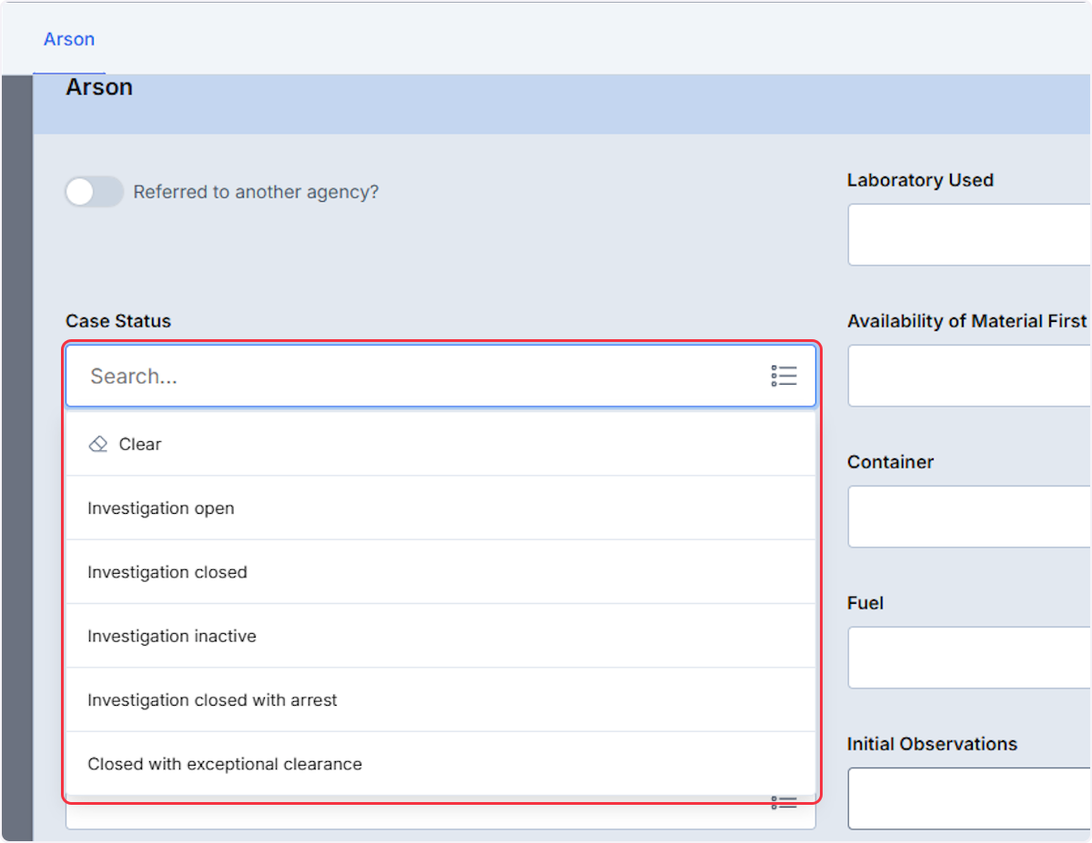 Utilize the dropdown view by selecting in the field, you can type in the search bar to filter the list or scroll through the list and select the appropriate choice.