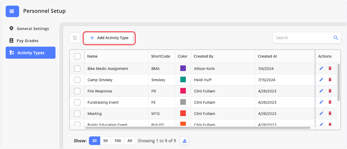 Here we can see all activity types within the department. Click Add Activity Type.