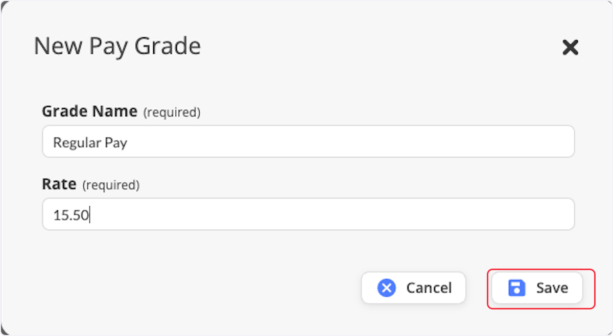 Fill in the grade name and rate. Click Save when done.