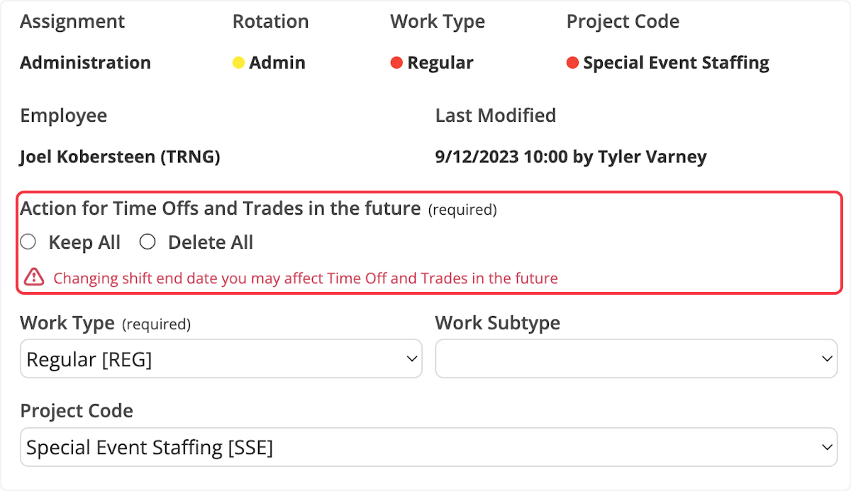 Determine if you want to keep or delete all Time Off and Trades that the user has in the future. 