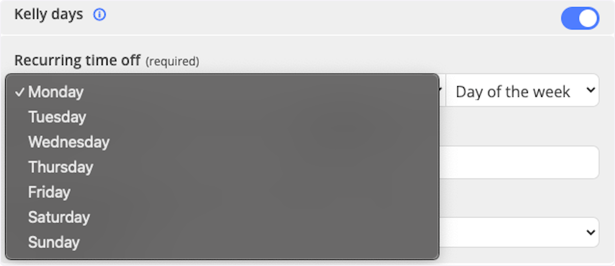 The last one is by Day of the Week. This will allow the user to be off every time their Shift Day aligns with the selected Day of the Week. 