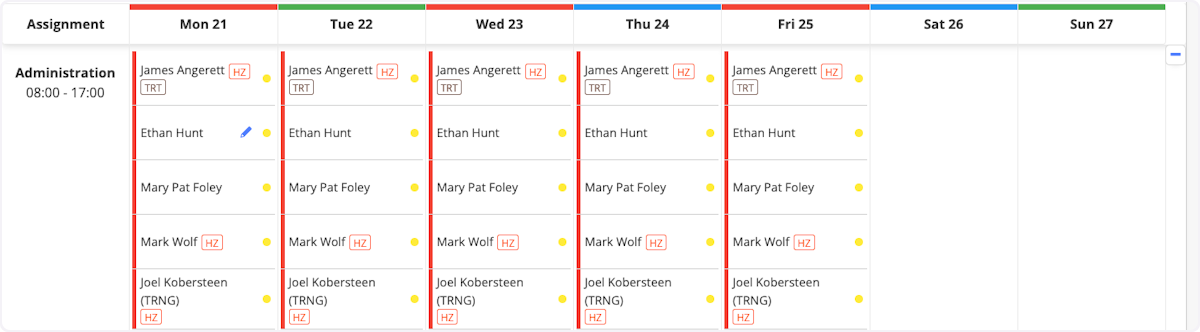 The assignments appear down the left, with the users down the right. The colors at the top are the rotations on that particular day.