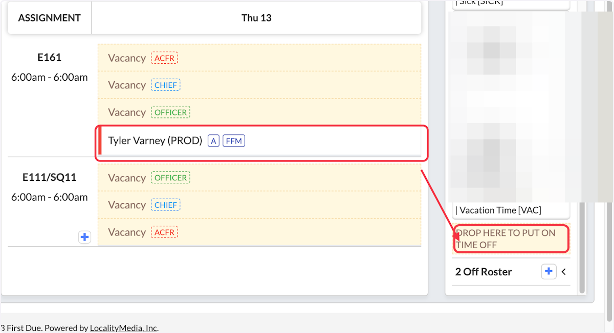 Drag the user that you are putting off to the time off section of the scheduling deputy. 