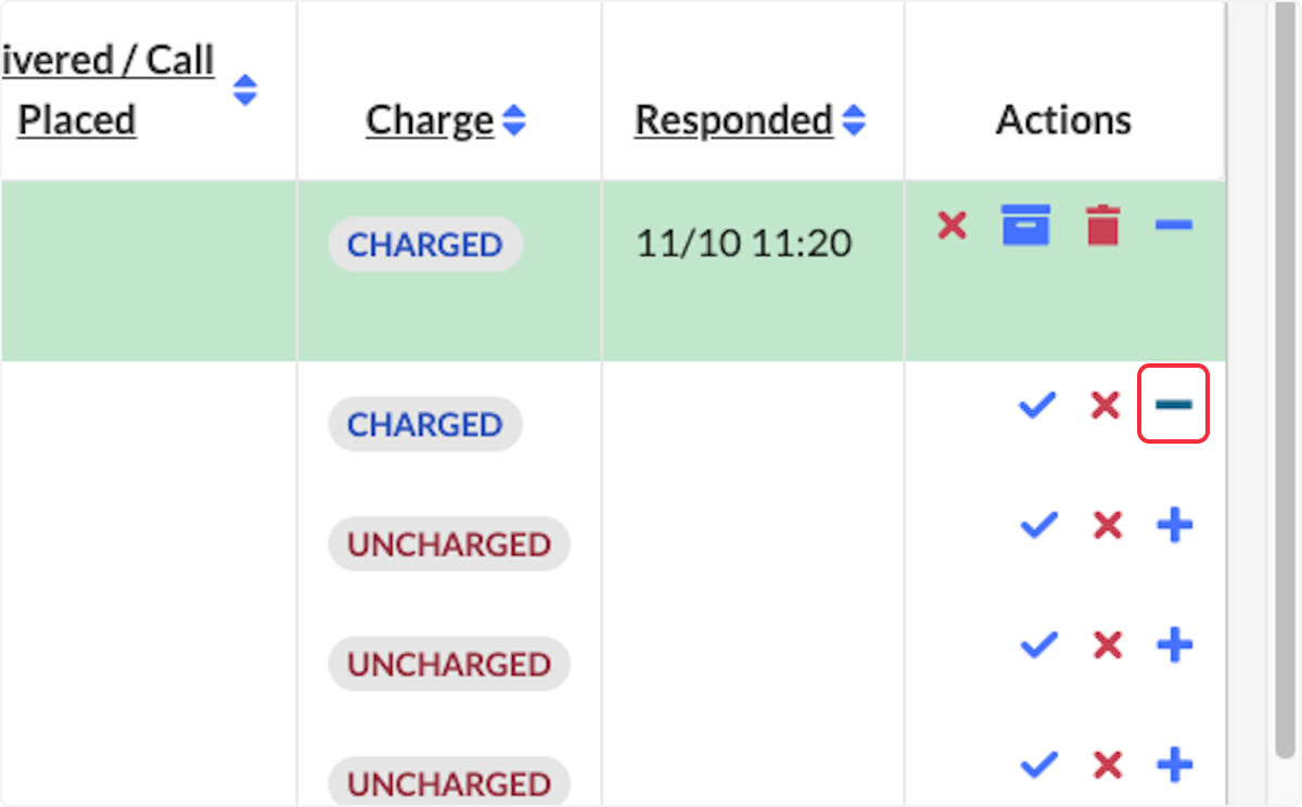 To uncharge a individual, select the minus sign in the actions column. 