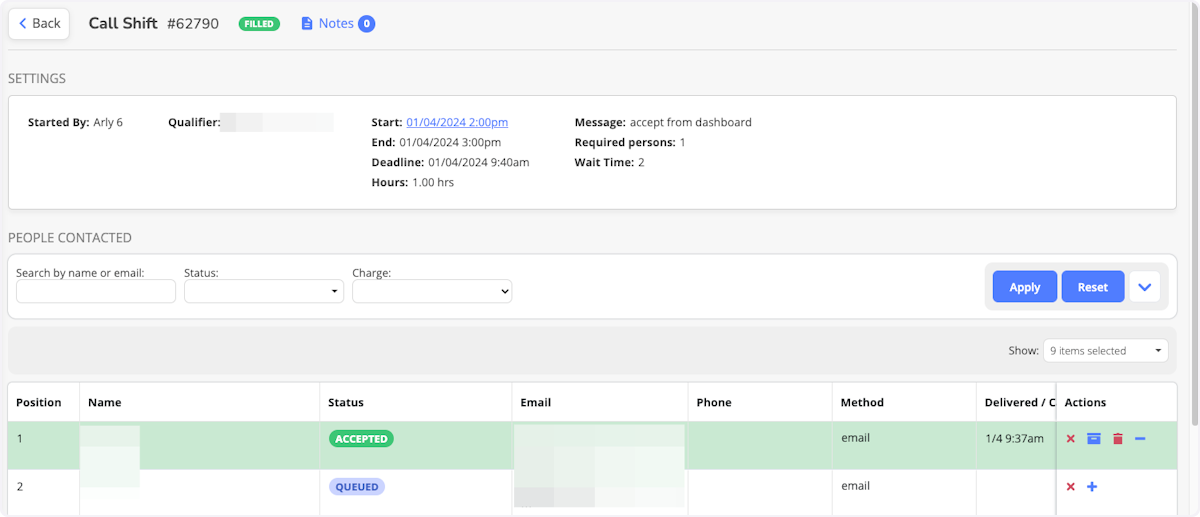 When viewing the Call Shift history, you can see the details about the call shift, as well as who was contacted and their response. 