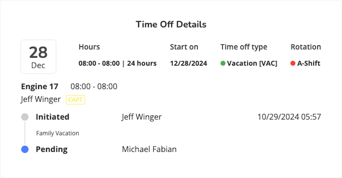 Clicking the Eyeball in the Action Section allows you to view the Time Off Details. 