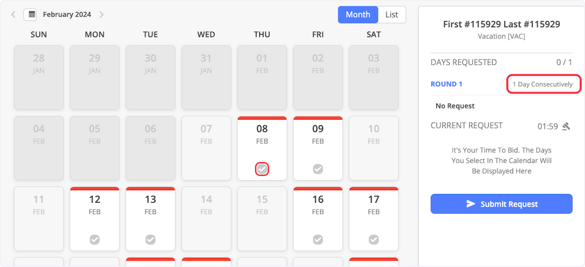 Click the checkmark on the days that you want to bid on. To determine how many days you get to choose, look next to Round 1. 
