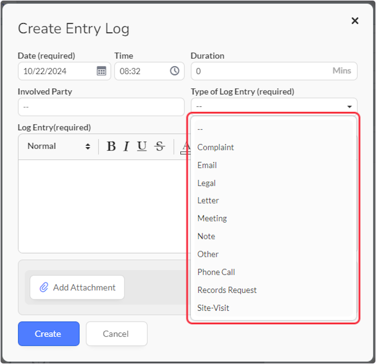 Select Type of Log Entry