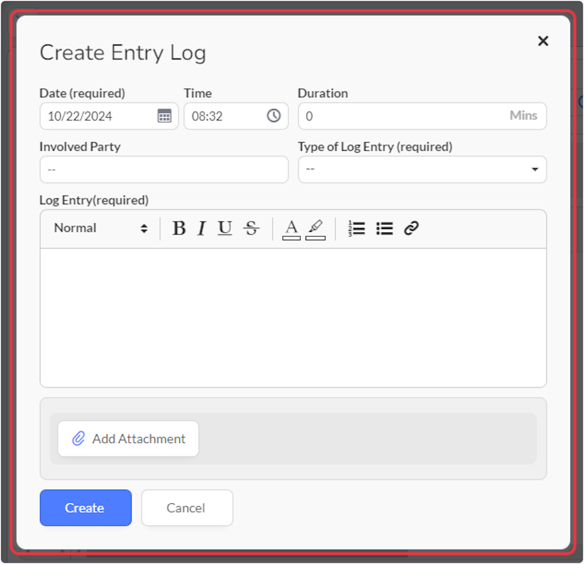 Create Entry Log modal.