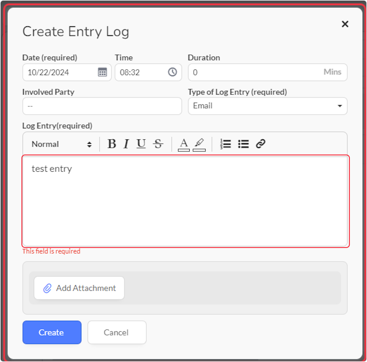 Enter Log Entry text.