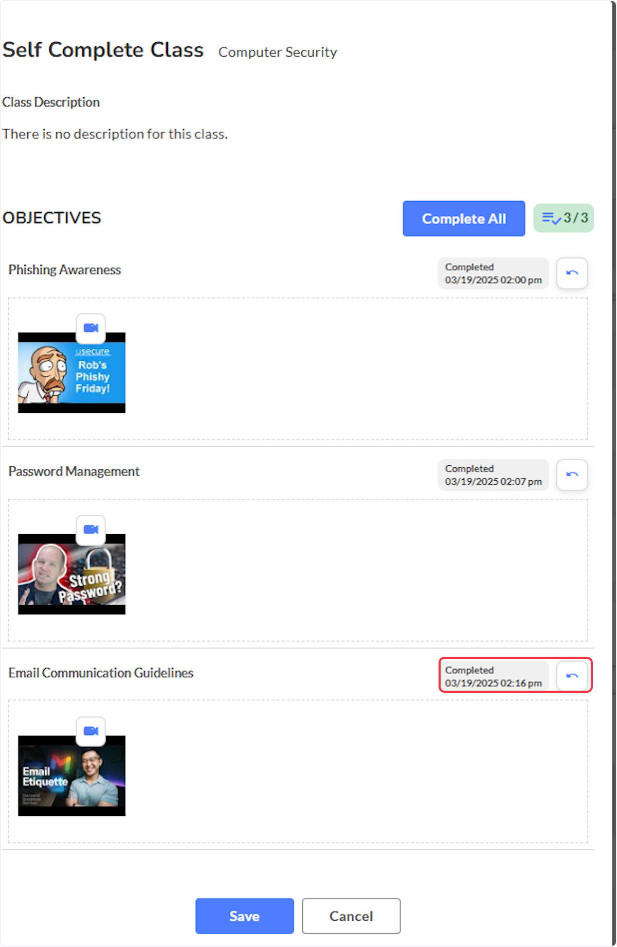 Click on Complete when you have completed specific objective