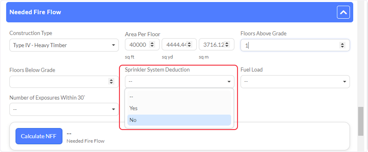 Select Yes or No for the Sprinkler System Deduction.