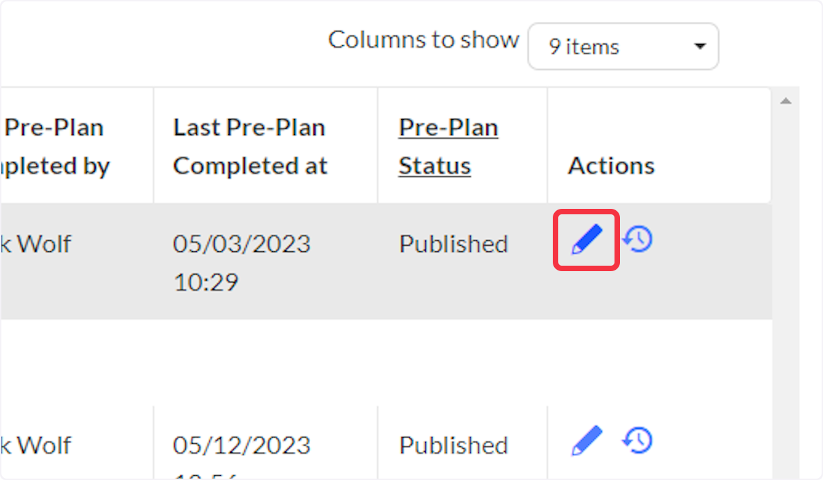 Click on the pencil icon to begin editing the pre-plan.