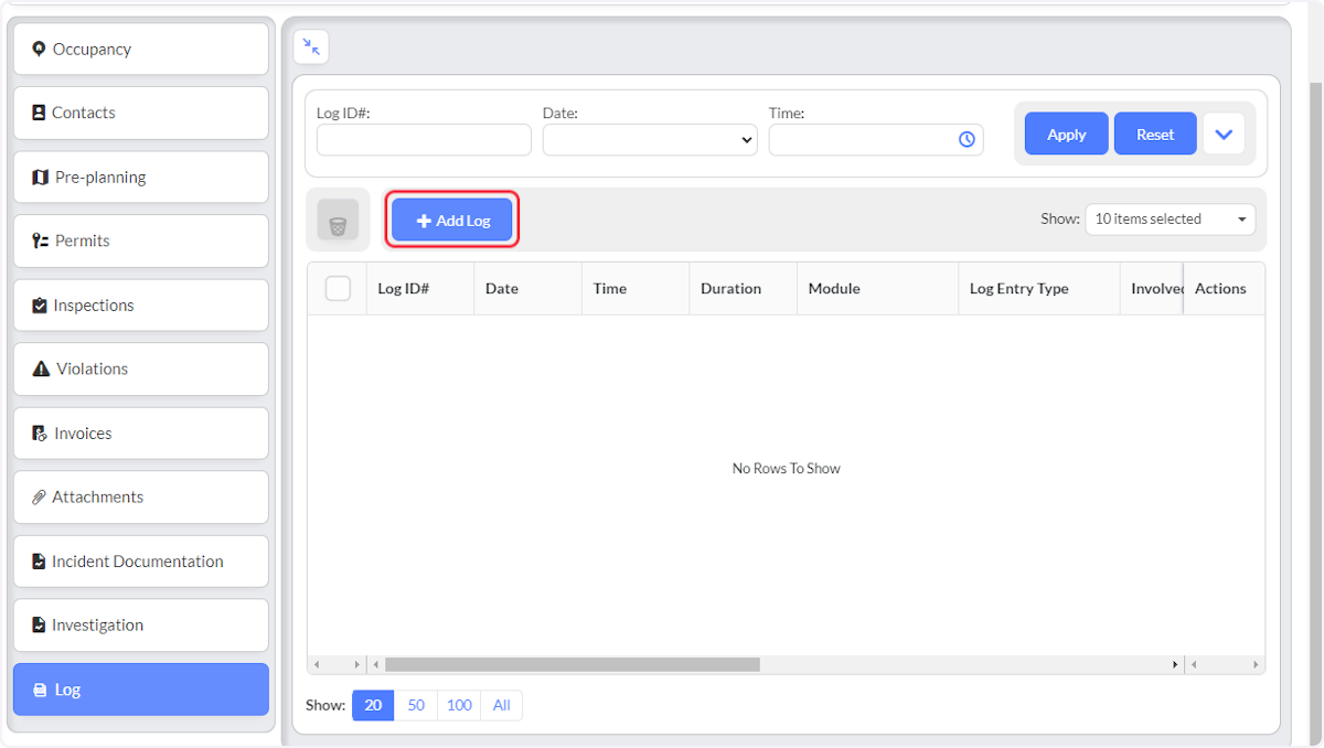 Click on Add Log to add an entry.
