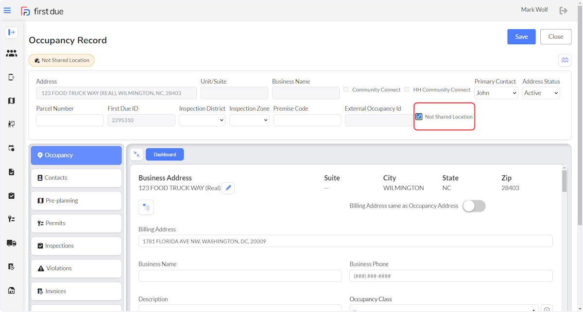 Go to the Occupancy record you created on the Pre-plan Organizer or Inspections Organizer and click on Not Shared Location.