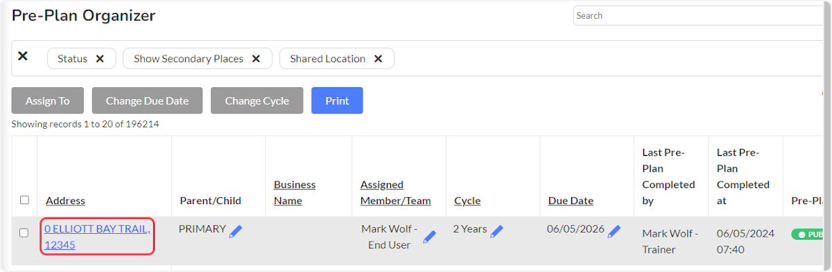 Click in address column to open the Occupancy Record.