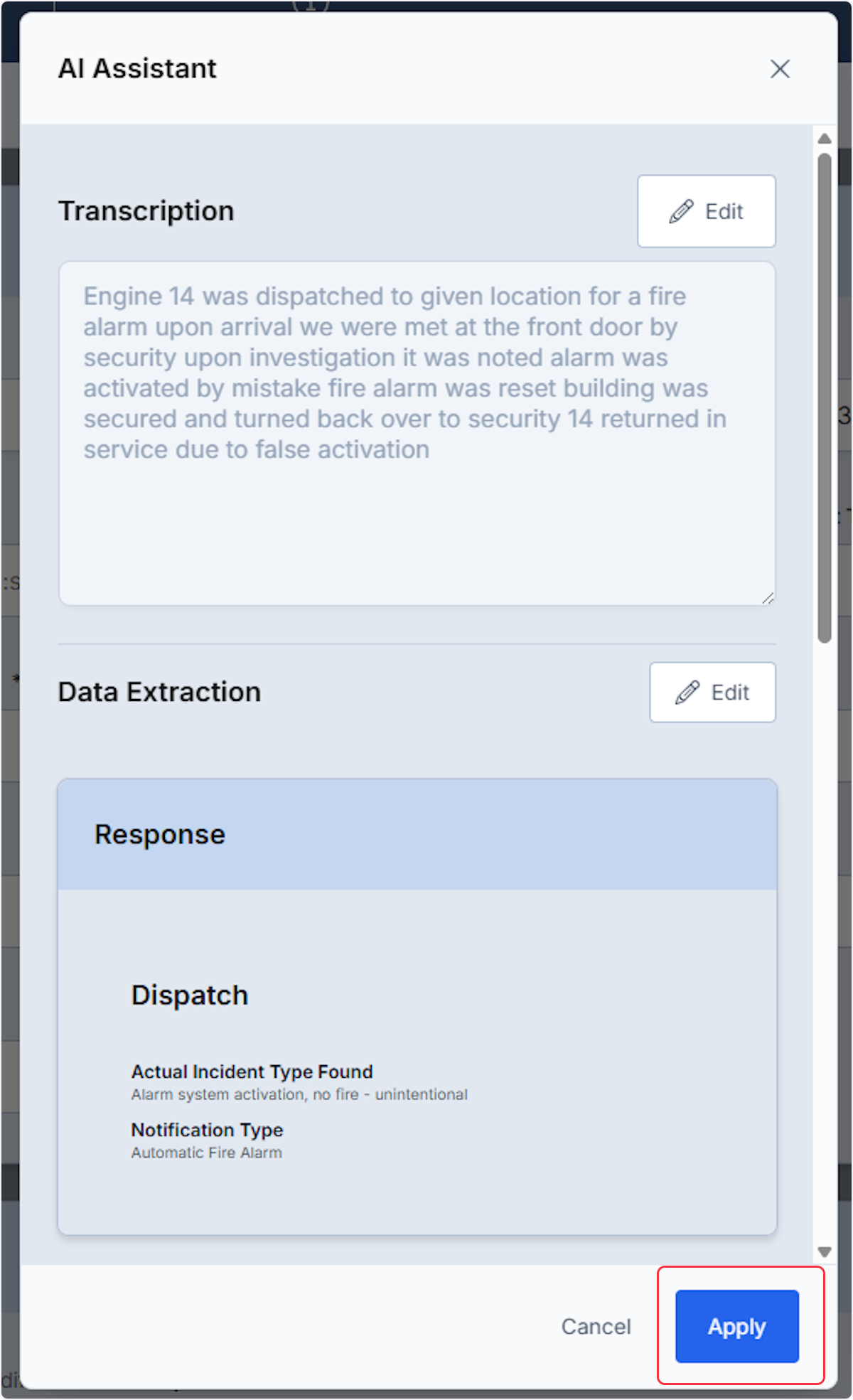 Once all Data Extraction has been reviewed the data can be mapped to the appropriate fields within the Fire Report by selecting the Apply button.