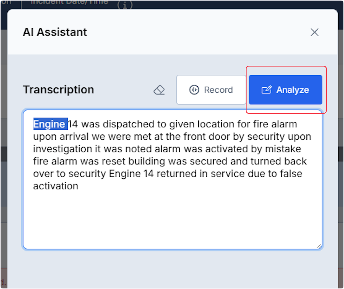 Once satisfied with the Transcription select the Analyze button.