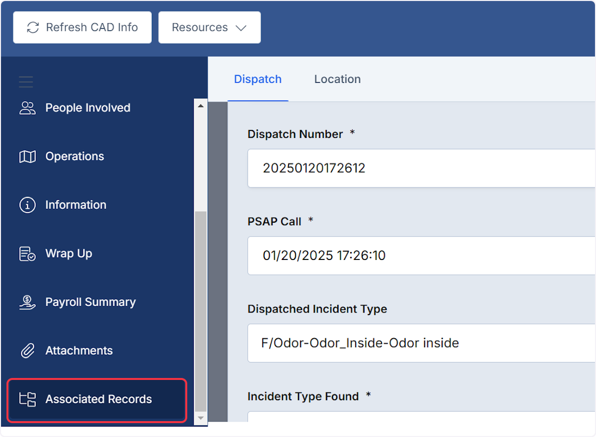From within a Fire Incident Report navigate to the Associated Records.