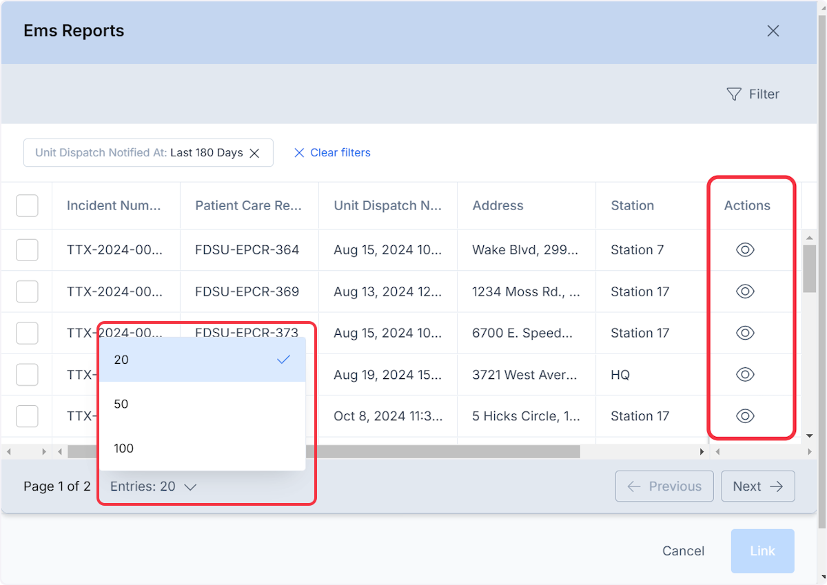 View the ePCR by selecting on the eye icon within the Actions column along with adjusting how many reports will be displayed on the page.