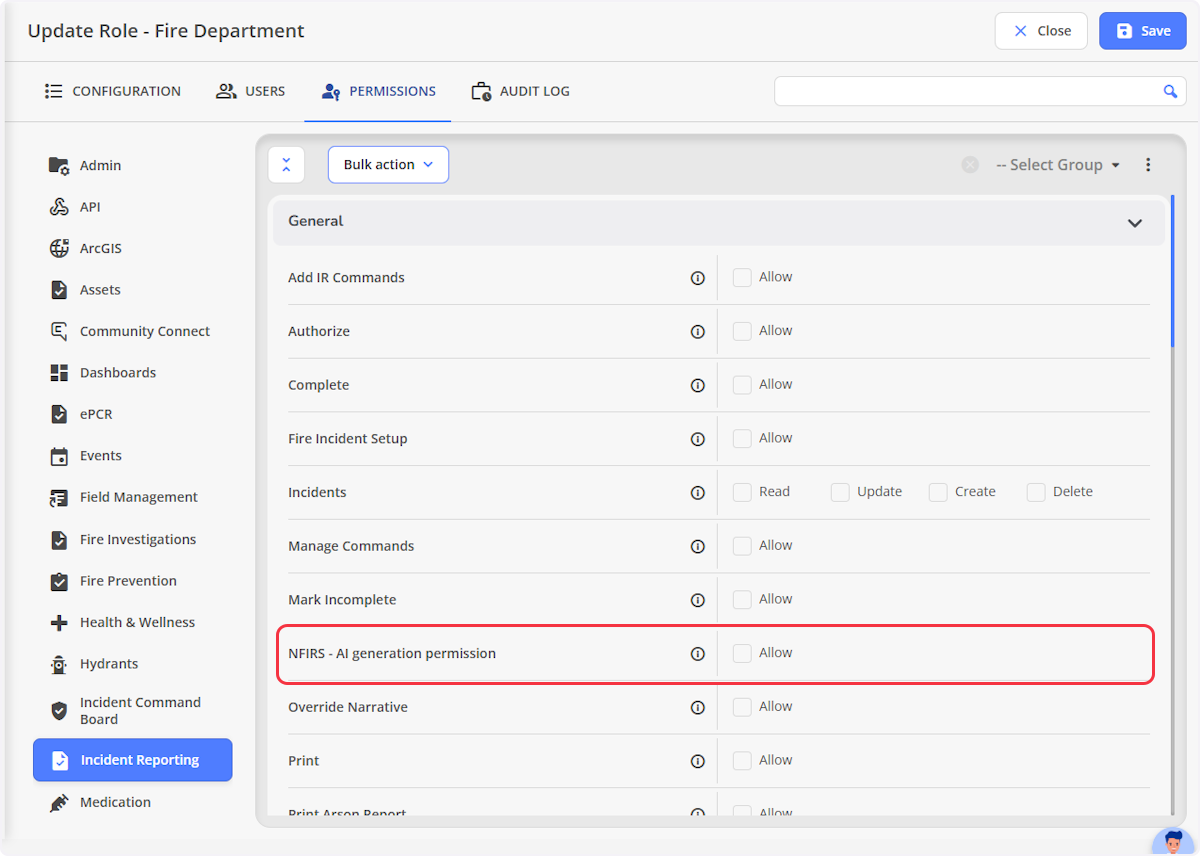 Navigate to the General Group and locate the NFIRS - AI generation permission, select Allow to enable that permission.