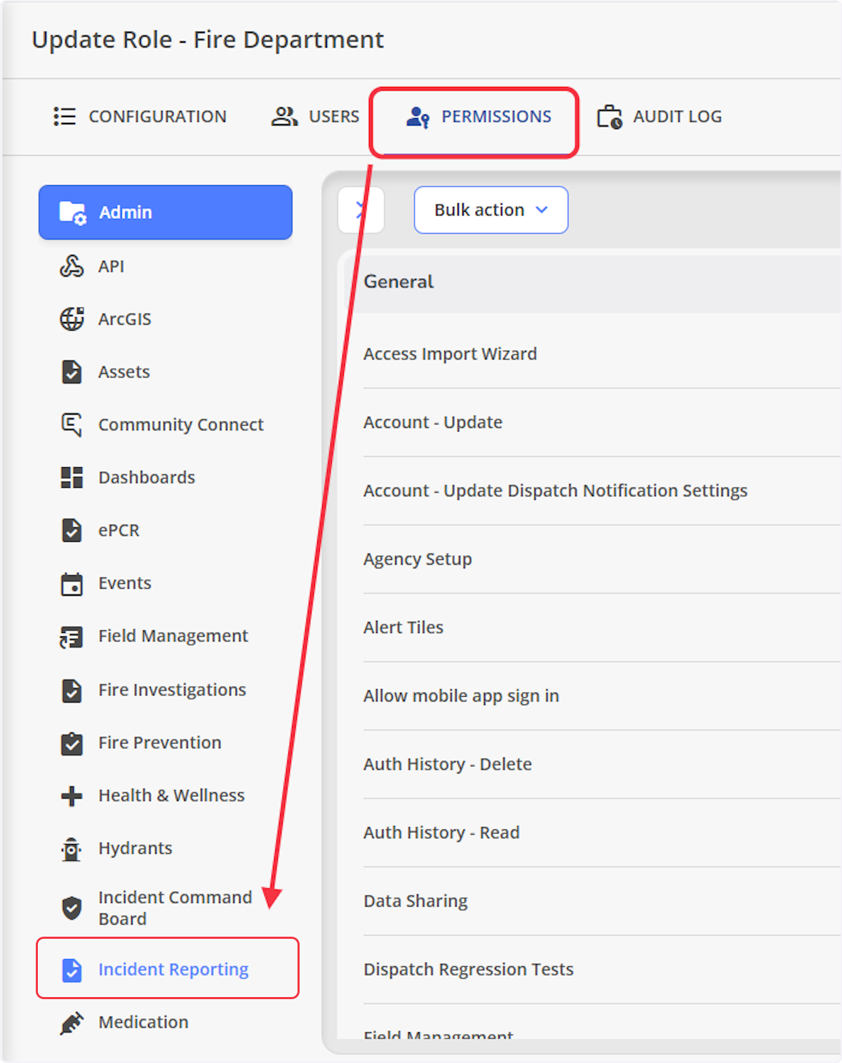 From the Permissions tab select on Incident Reporting.