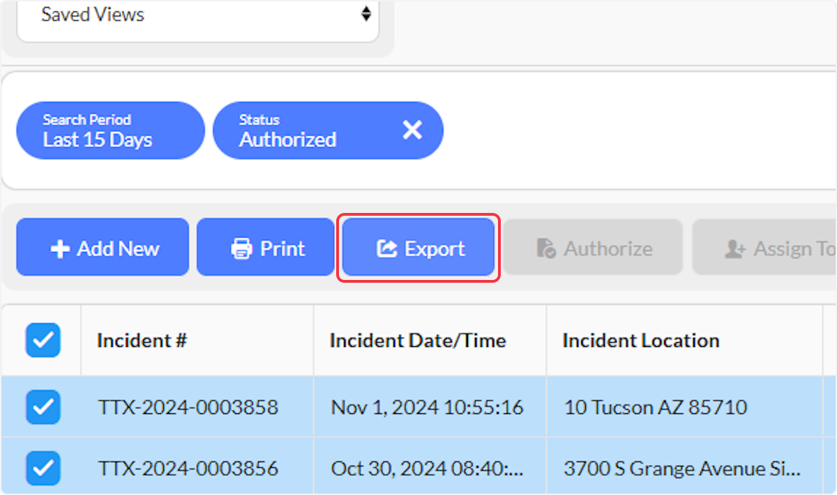 Once authorized incidents have been selected click on Export.