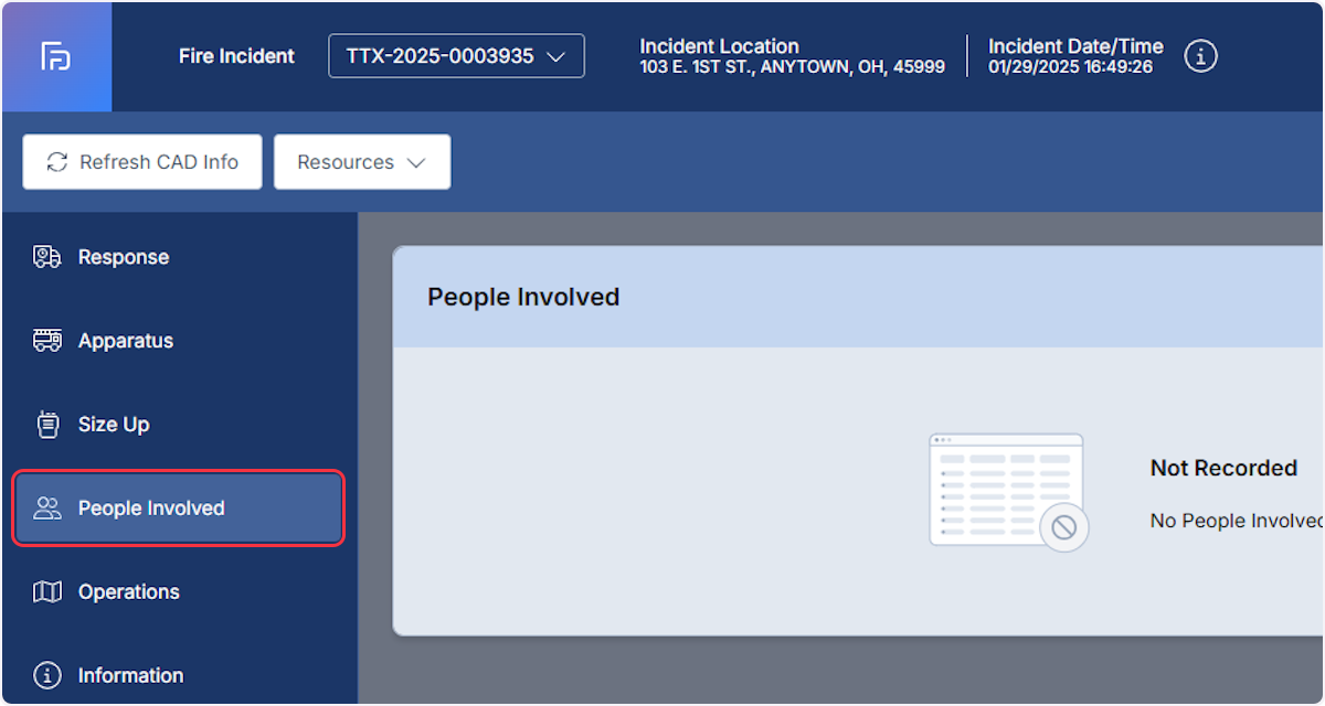 From within a Fire Incident report navigate to the People Involved section.