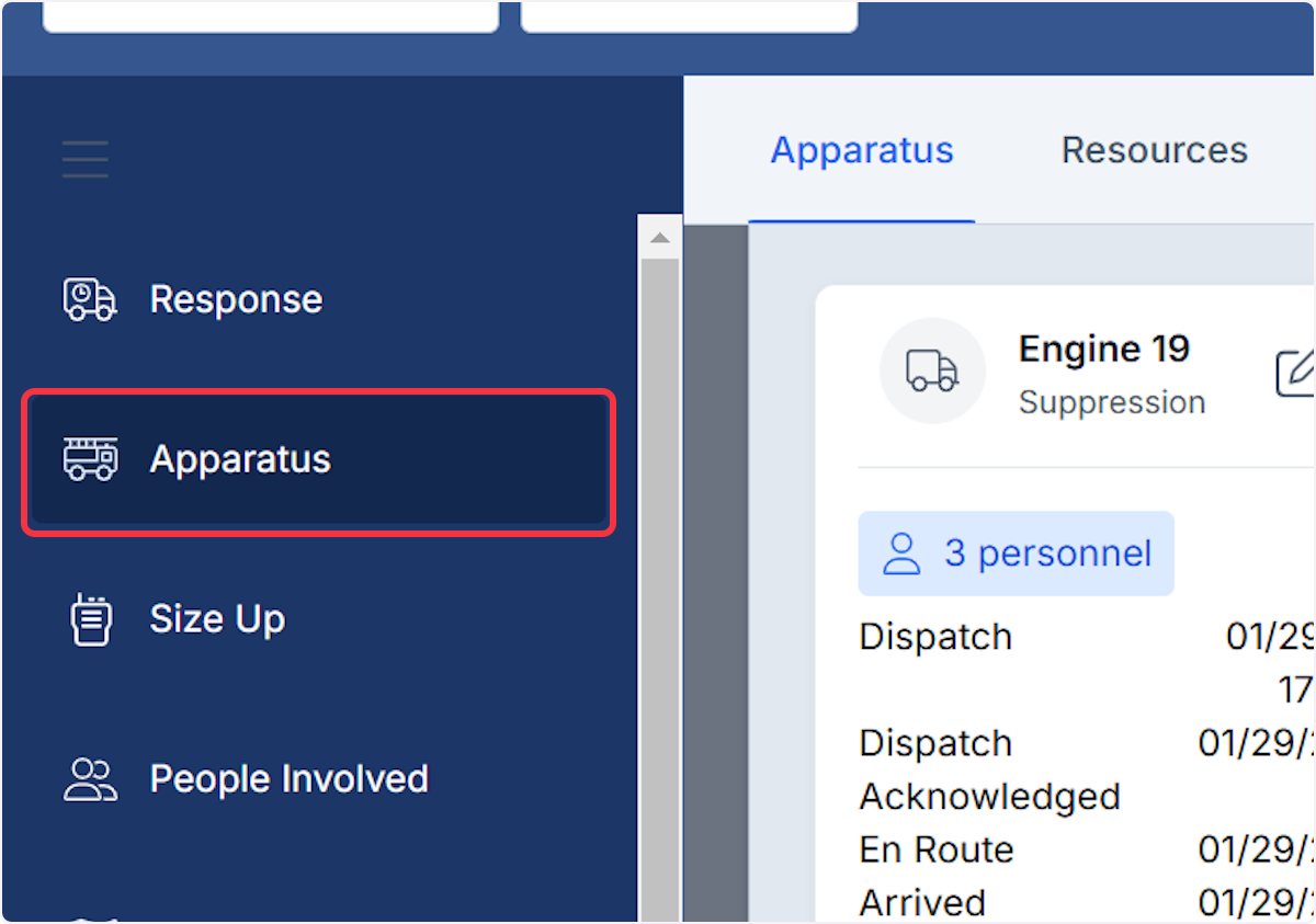 From within an incident report select on the Apparatus section.