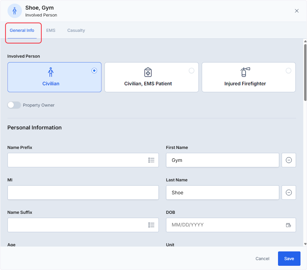 from the general info tab select civilian from the involved person