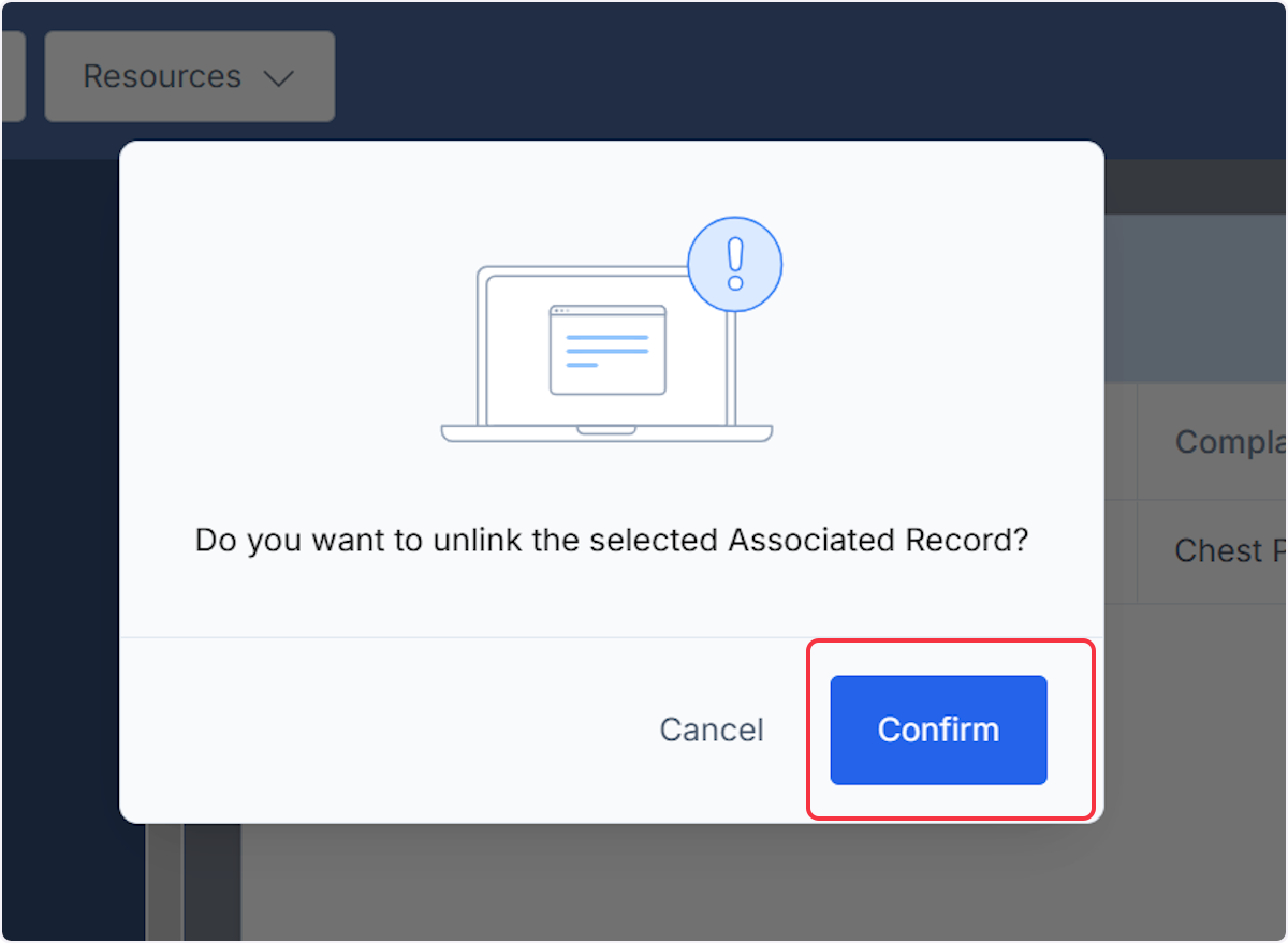 When selecting the unlink icon from the Actions column a modal will appear to confirm the process of unlinking the report.