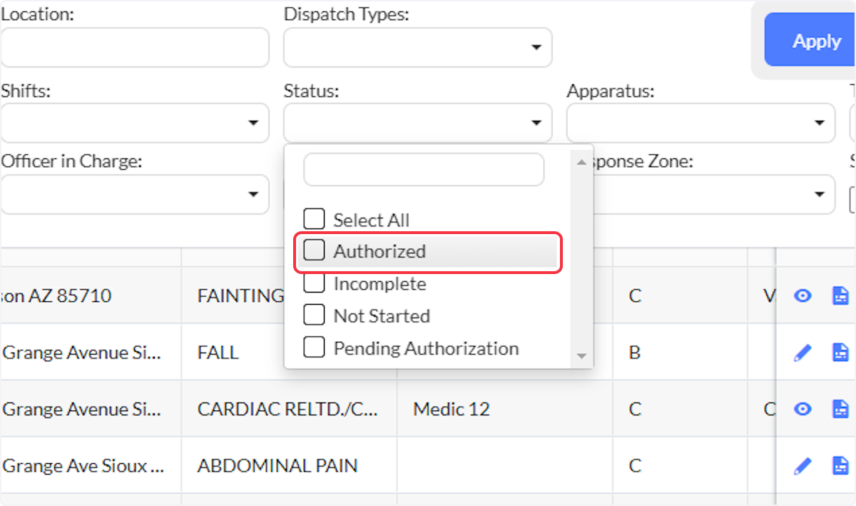 From the Status dropdown locate and select Authorized. 