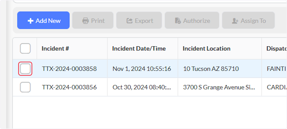 You can export a single Incident by selecting the open box to the left of the Incident.