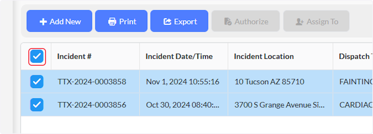 To select multiple Incidents for export select the open box at the top of the column.